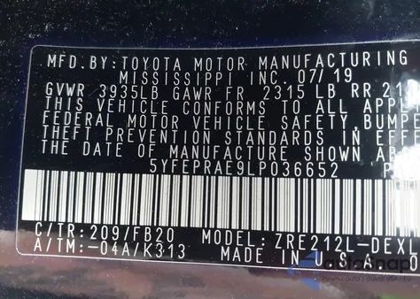 2020 Toyota Corolla Le из США, поврежденный, VIN 5YFEPRAE9LP036652